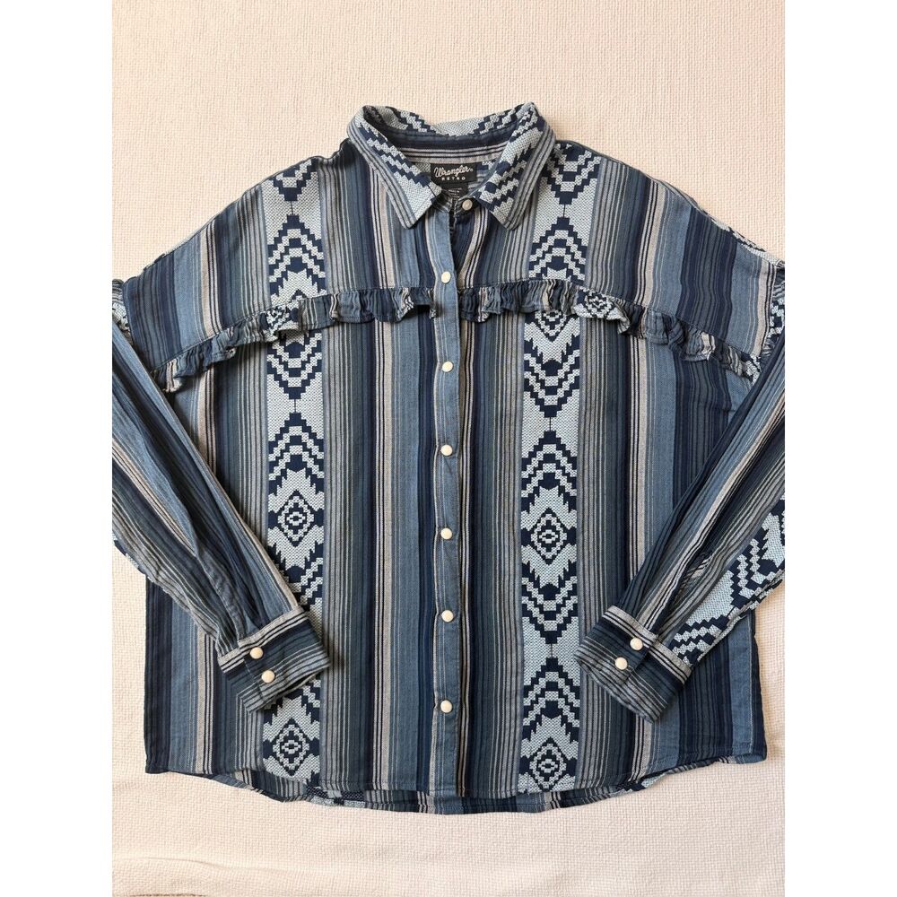 Wrangler Retro Aztec Western Snap Shirt Blue Ruffle Women's Medium ranch farm